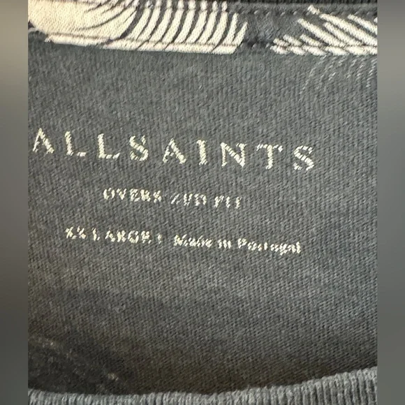 Men's Allsaints Black Pocketed T-Shirt With Cream Palm Trees-Oversized -Size XXL